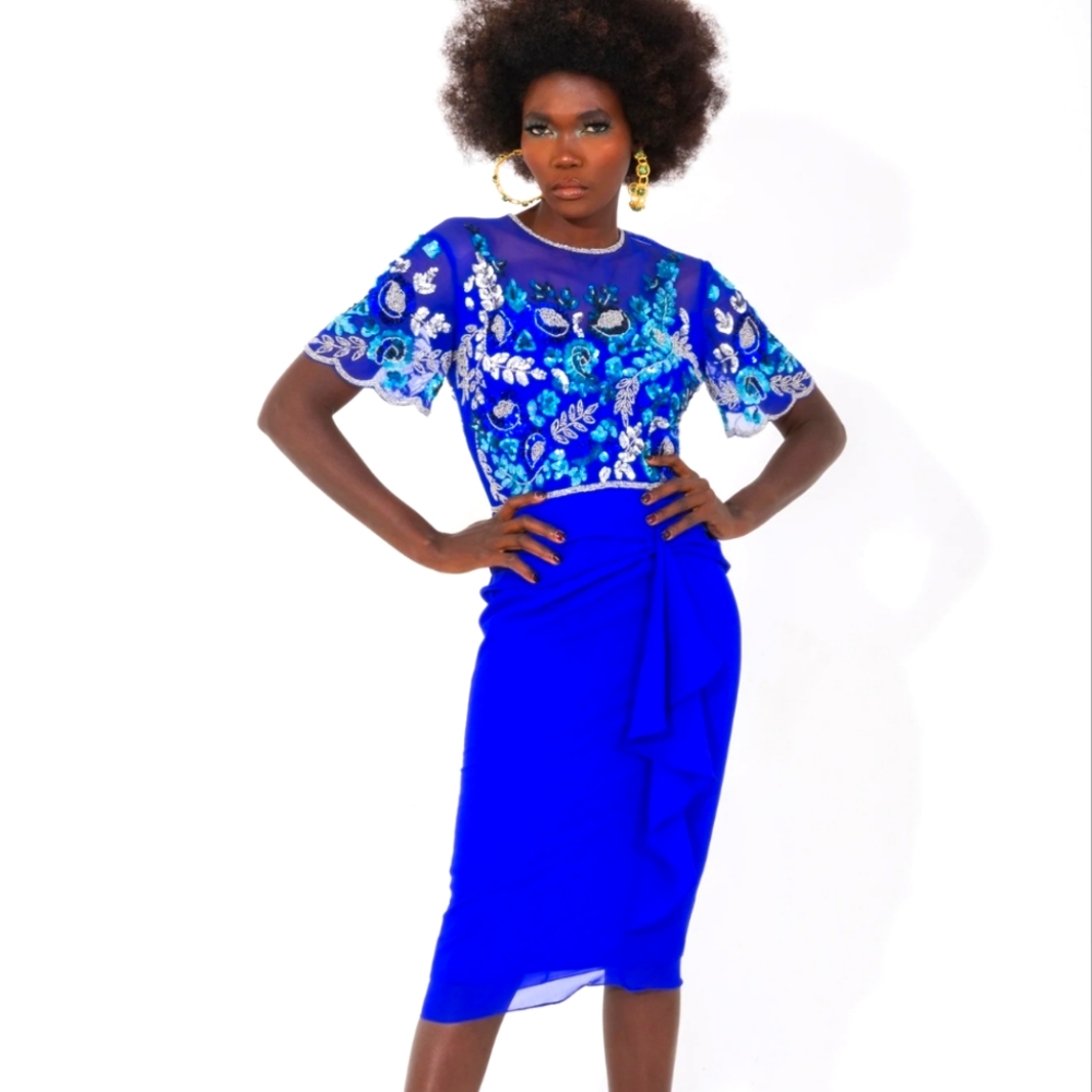 ASOS Blue Embellished Sheer Asymmetrical Dress - Picture 5 of 16